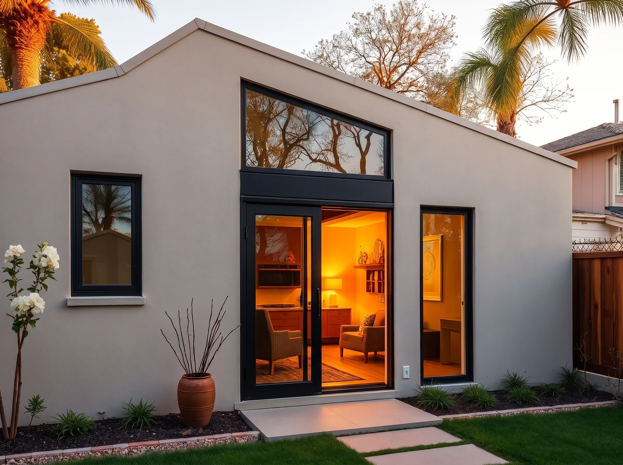 A newly built ADU at golden hour — the build, handled